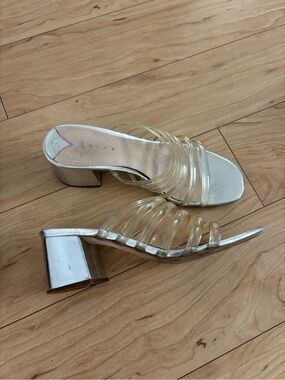 Leith Silver Metallic Block Heel Mules with Clear Jelly Straps - Women